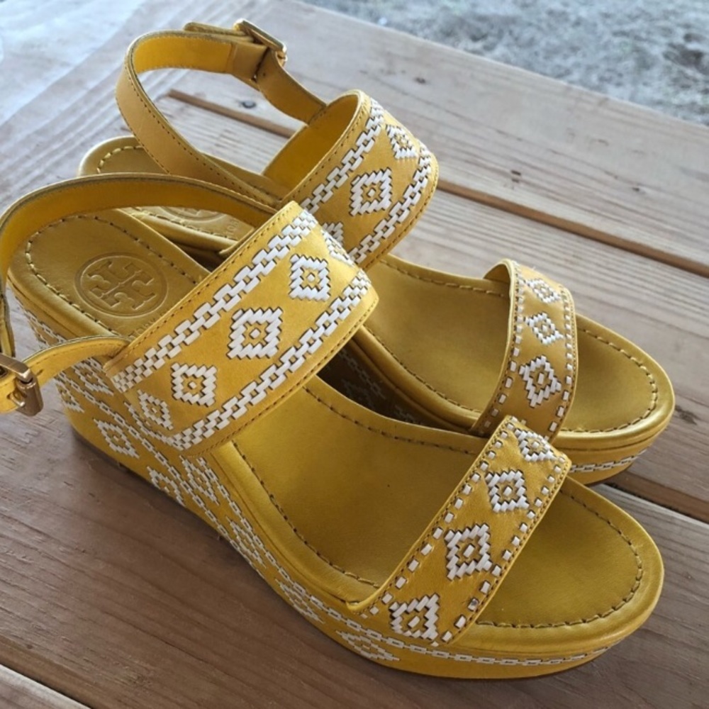 Yellow and white leather Tory Burch wedges.